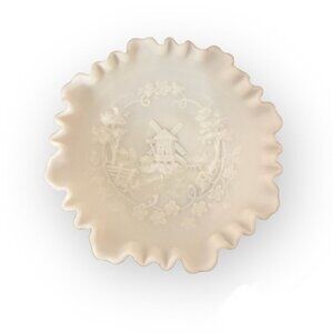 Vintage Embossed Windmill Scene Milk Glass Bowl Imperial Glass Crimped Edge